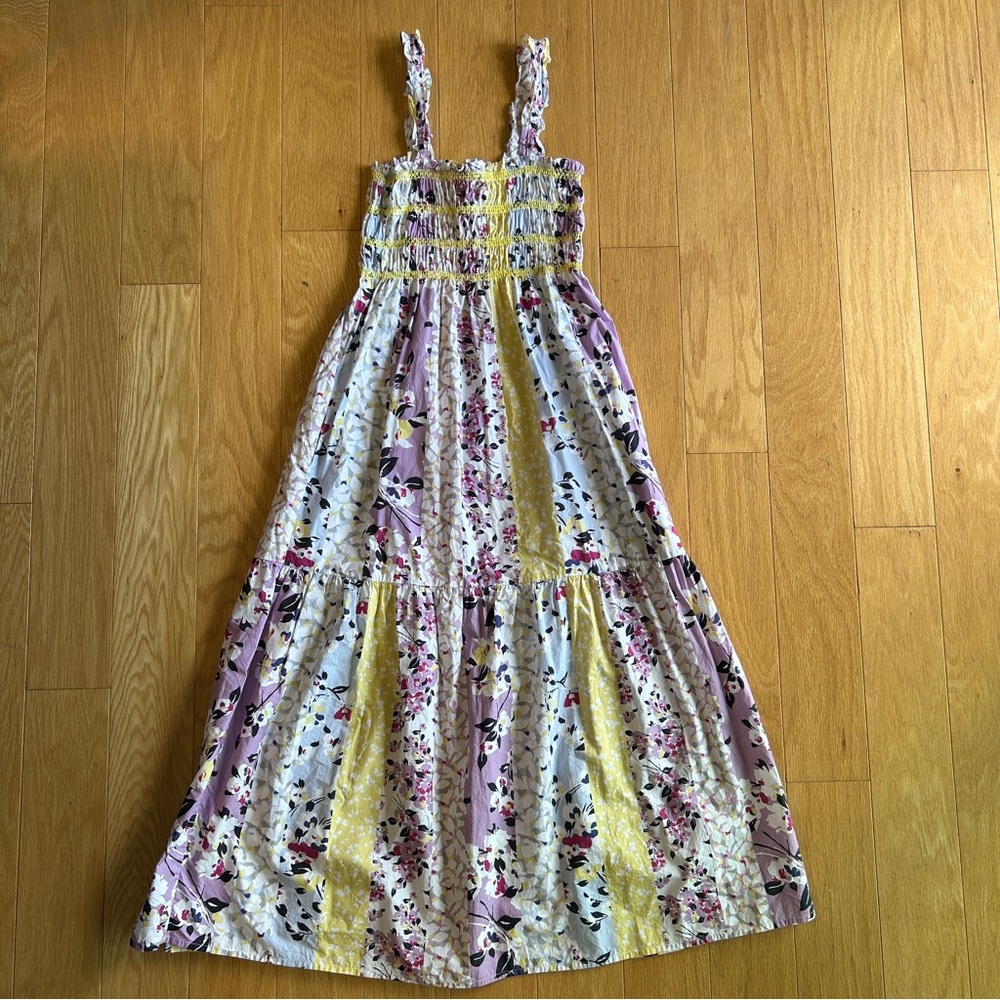 French Connection Floral Smocked Pleated Sundress Maxi Country Cottage Boho 0